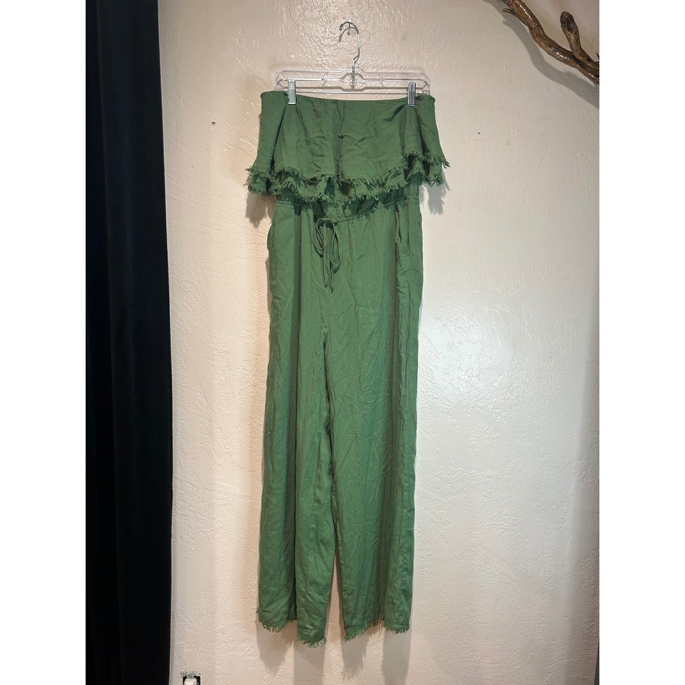 Gilli Green Strapless Wide Leg Jumpsuit Frayed Ruffle Trim Pockets SM6641G M
